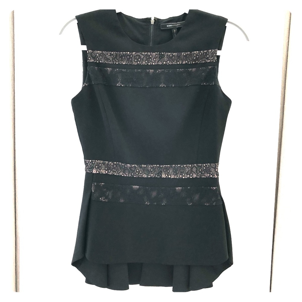 BCBG MAXAZRIA zip back peplum Blouse w Lace
